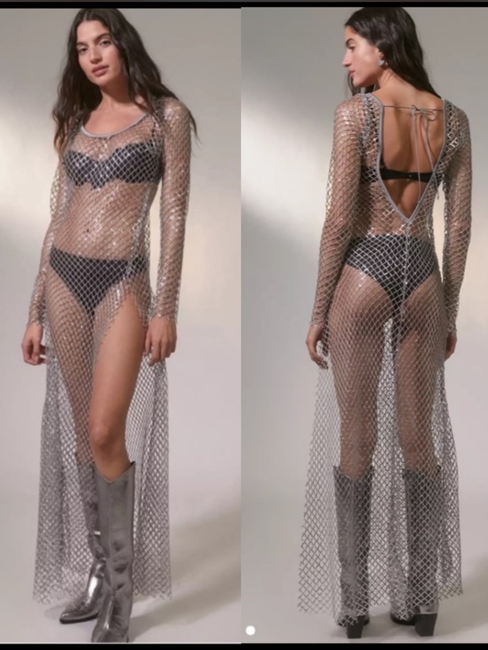 For Love & Lemons Fawn long sleeve silver sequin dress NWT mesh rare